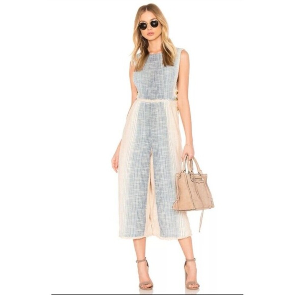 Free‎ People Moab Jumpsuit Womens L Blue Cream Striped Boho Coastal Linen